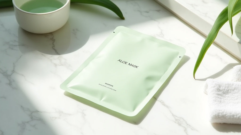 A white sheet mask on a marble surface with aloe vera leaves and a ceramic bowl – hydrating sheet mask UK guide