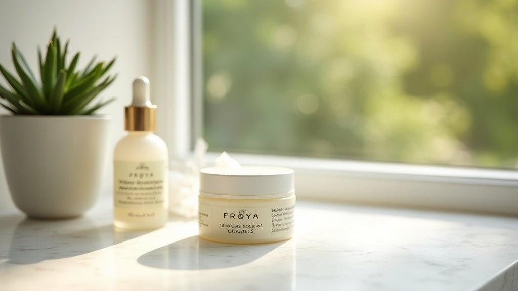 Froya organics wrinkle treatment on marble vanity with natural light