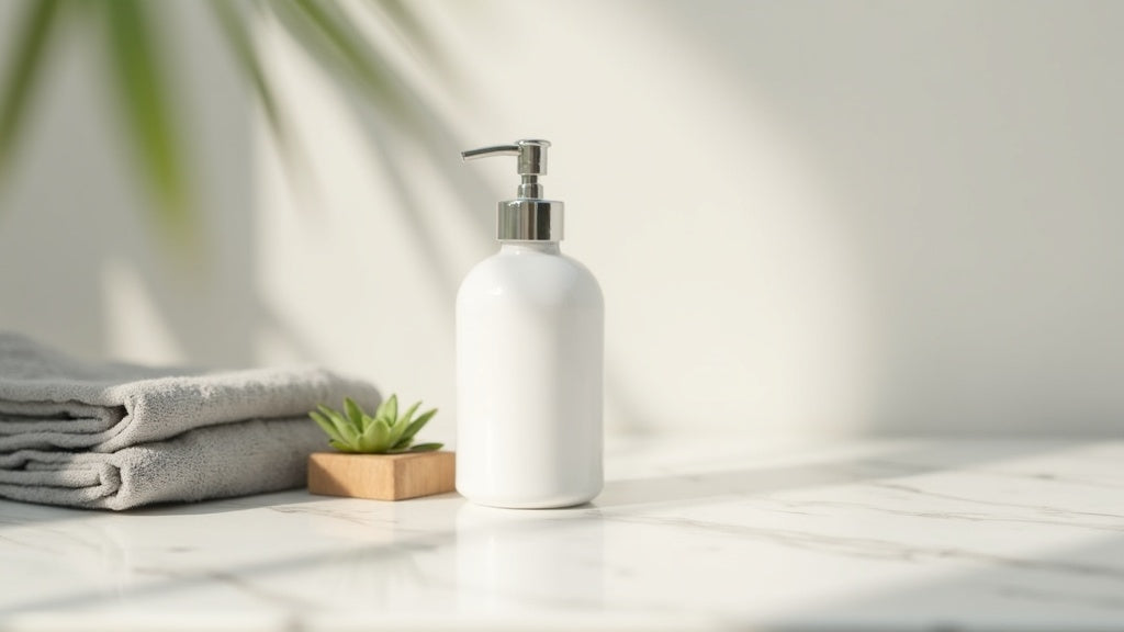 Moisturising body wash UK on marble vanity with towel