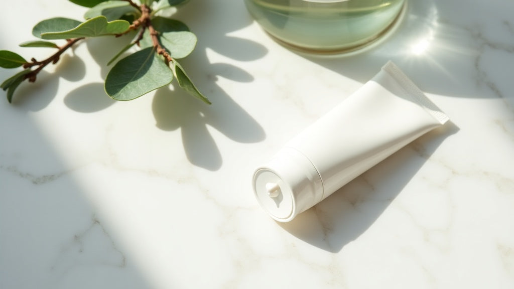 Best body sunscreen UK on a marble vanity with eucalyptus