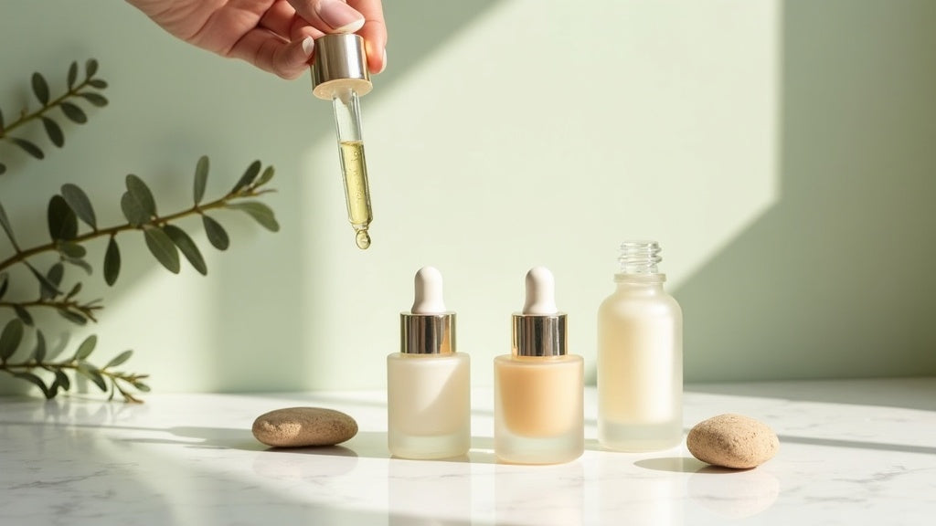 Best face serum UK 2026 - three glass serum bottles on marble vanity with eucalyptus