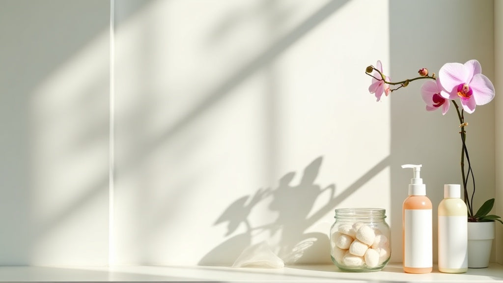 Korean skincare UK products arranged on a bathroom shelf with orchid and cotton pads