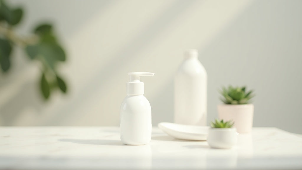 SPF for everyday use UK: minimalist skincare setup with sunscreen on marble vanity
