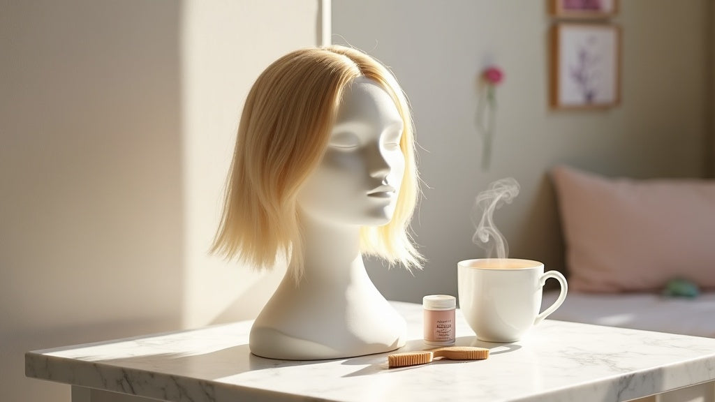 Best wigs UK - natural-looking blonde lace front wig on marble vanity
