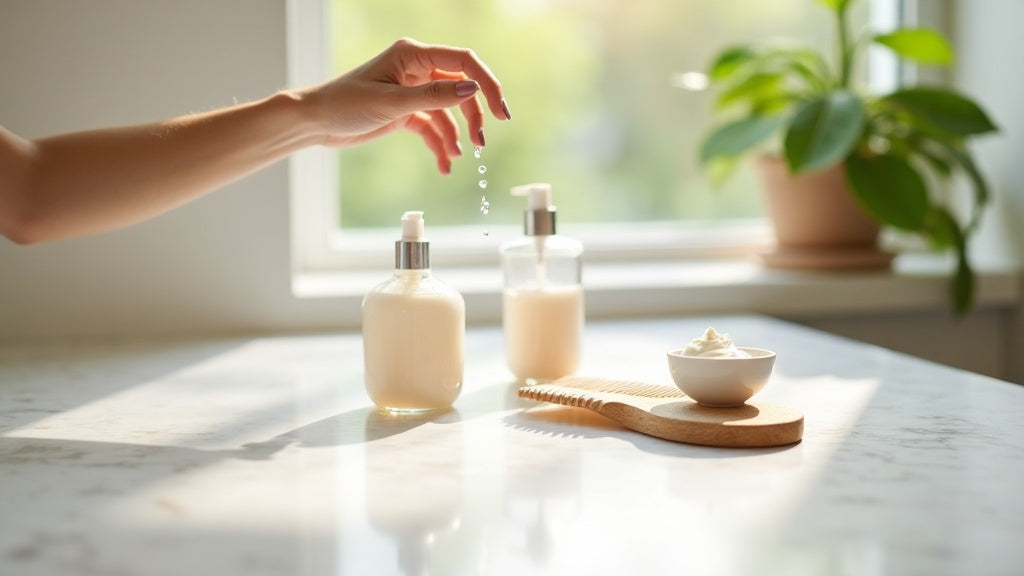 Leave-in conditioner UK application on a marble countertop with a glass spray bottle and comb