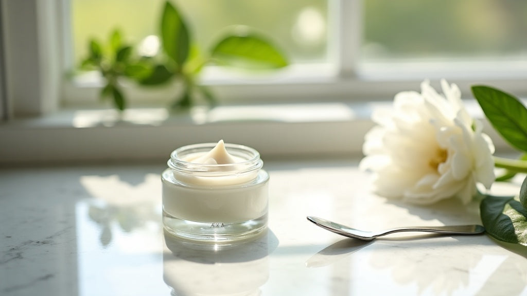 Best skin cream UK on a marble vanity with natural light and greenery