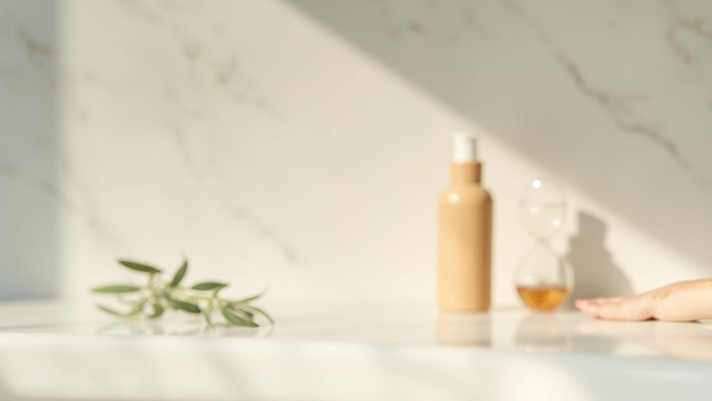 Best self tanner UK bottle on marble surface with hourglass and eucalyptus