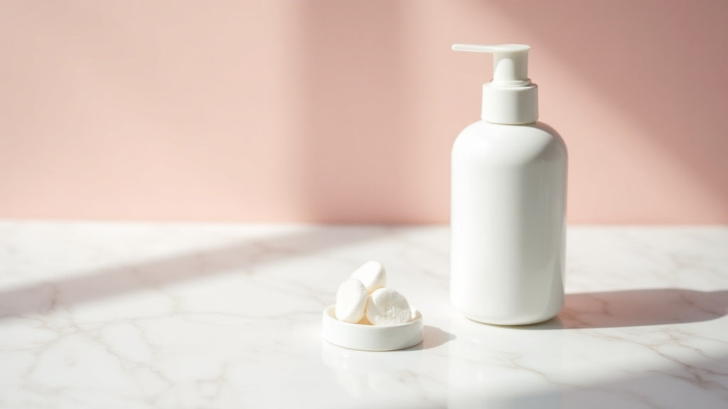 Medicube Drying Lotion bottle on marble vanity with cotton bud