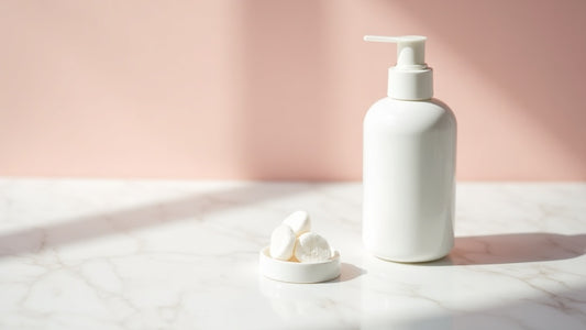 Medicube Drying Lotion bottle on marble vanity with cotton bud