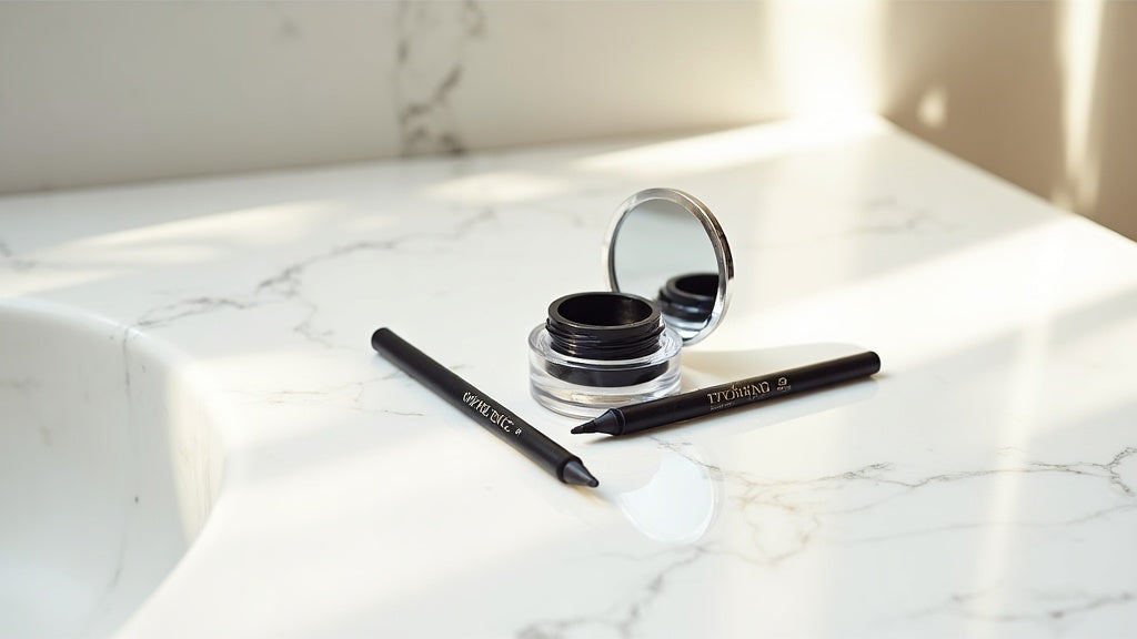 Eyeliner for beginners UK: pencil and gel liner on a marble vanity