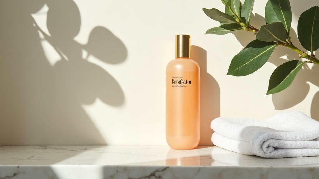 Kerafactor shampoo bottle on a marble bathroom shelf with eucalyptus leaves and white towel.