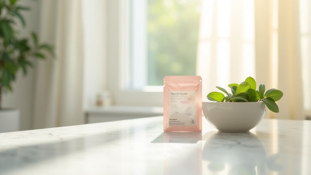 Hydrating sheet mask on marble vanity with soft morning light, UK beauty editorial