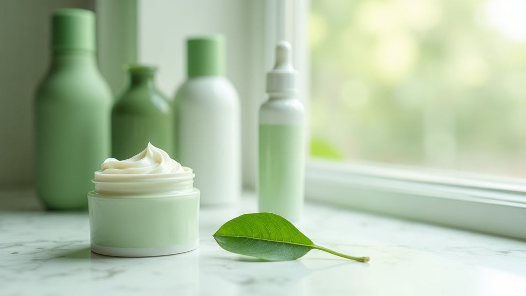 Cica cream blemish treatment flat lay with centella leaf on marble