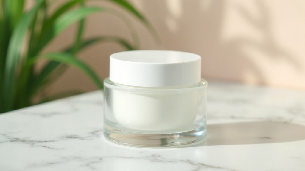 Redness calming cream UK on marble vanity with natural light