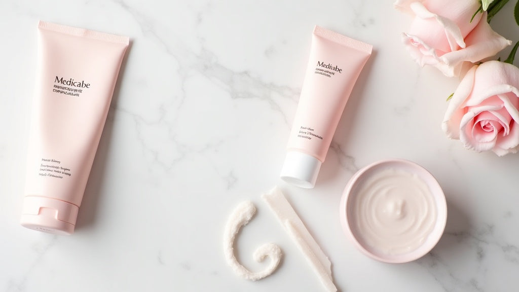 Korean skincare flat lay with Medicube products and eyebrow stamp on marble
