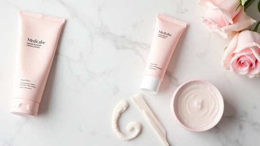 Korean skincare flat lay with Medicube products and eyebrow stamp on marble