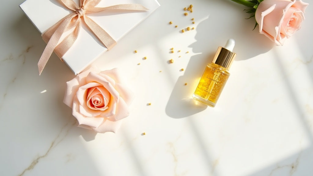 Beauty gift ideas UK flat lay with serum and gift box on marble