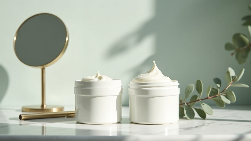 Two moisturisers on a marble vanity: cream vs lotion for dry skin UK