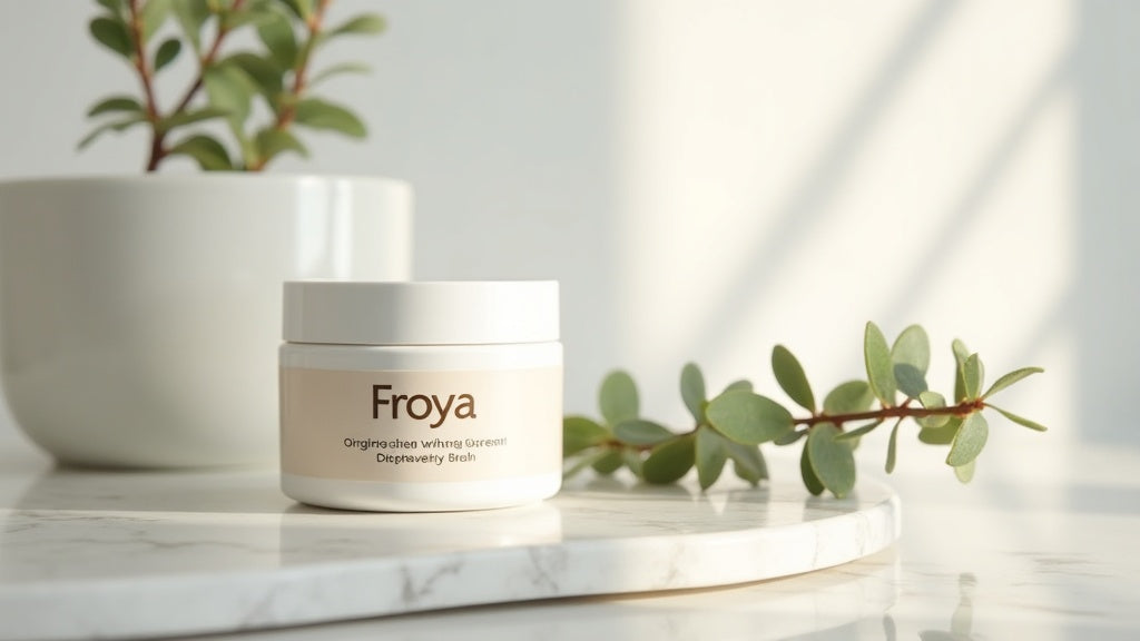 Froya Organics wrinkle cream jar on marble shelf with eucalyptus