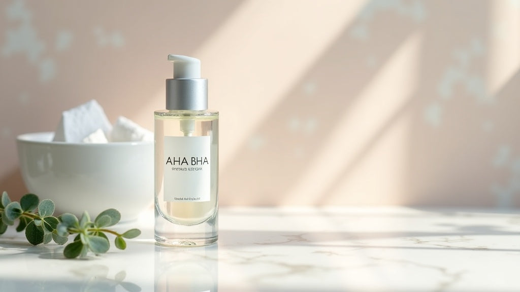 AHA BHA peel UK skincare routine setup on marble vanity with peel serum and cotton pads