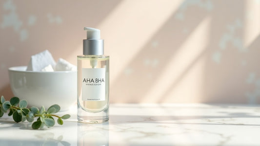 AHA BHA peel UK skincare routine setup on marble vanity with peel serum and cotton pads