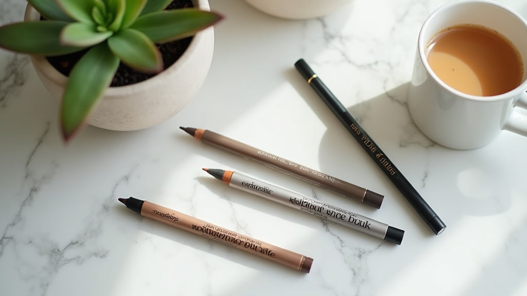 Natural eyebrow pencils in taupe, ash brown, and soft black on a marble vanity with a succulent and tea, UK beauty editorial flat lay.