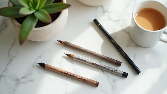Natural eyebrow pencils in taupe, ash brown, and soft black on a marble vanity with a succulent and tea, UK beauty editorial flat lay.