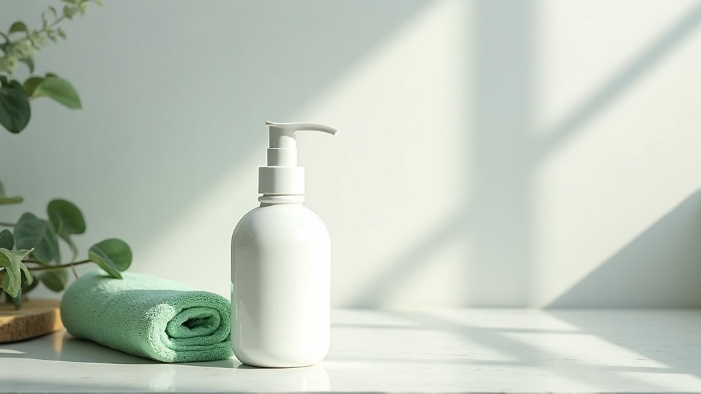 A bottle of moisturising body wash UK on a marble bathroom counter with a towel and eucalyptus