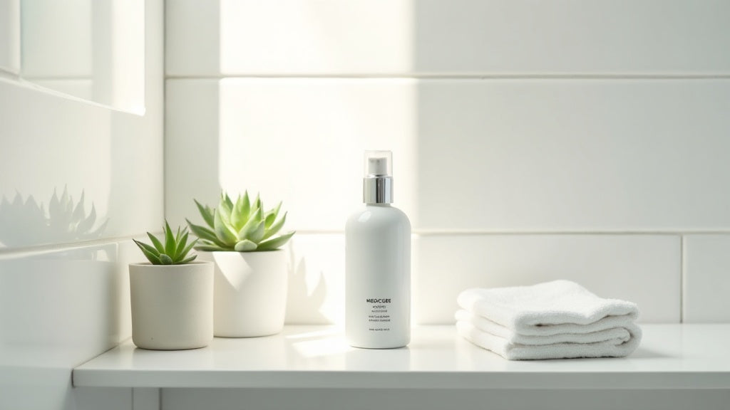 Medicube Drying Lotion bottle on bathroom shelf with soft natural light