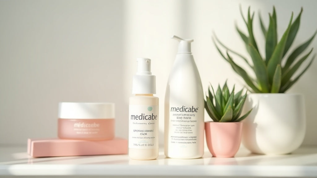 Medicube acne spot drying lotion on a bathroom shelf with other skincare products
