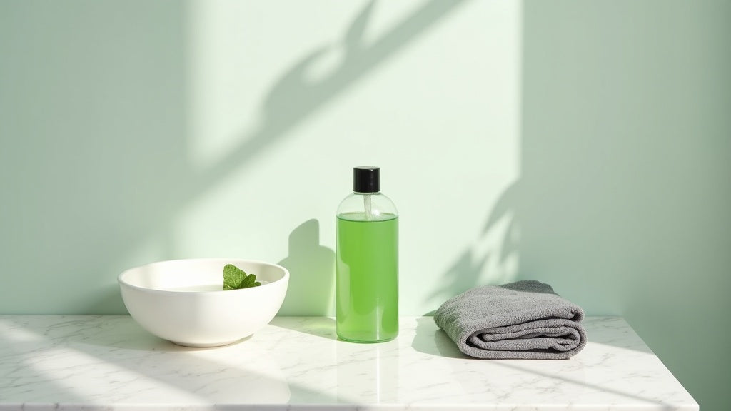 Scalp detox shampoo UK bottle on marble vanity with mint leaves