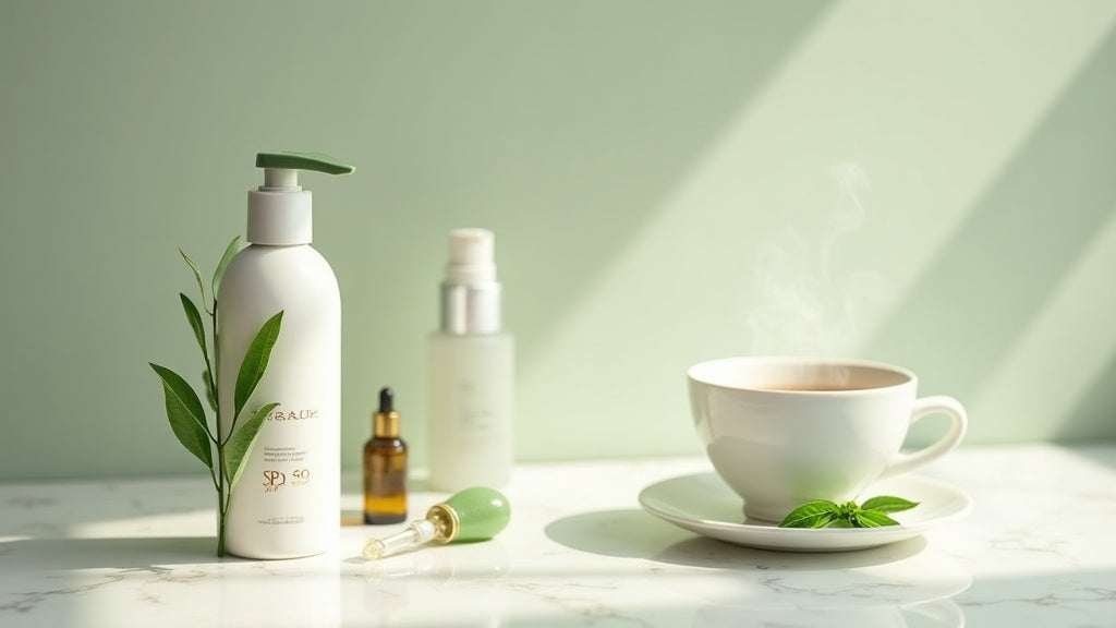 SPF for everyday use UK - morning skincare setup on marble vanity with SPF bottle and serum