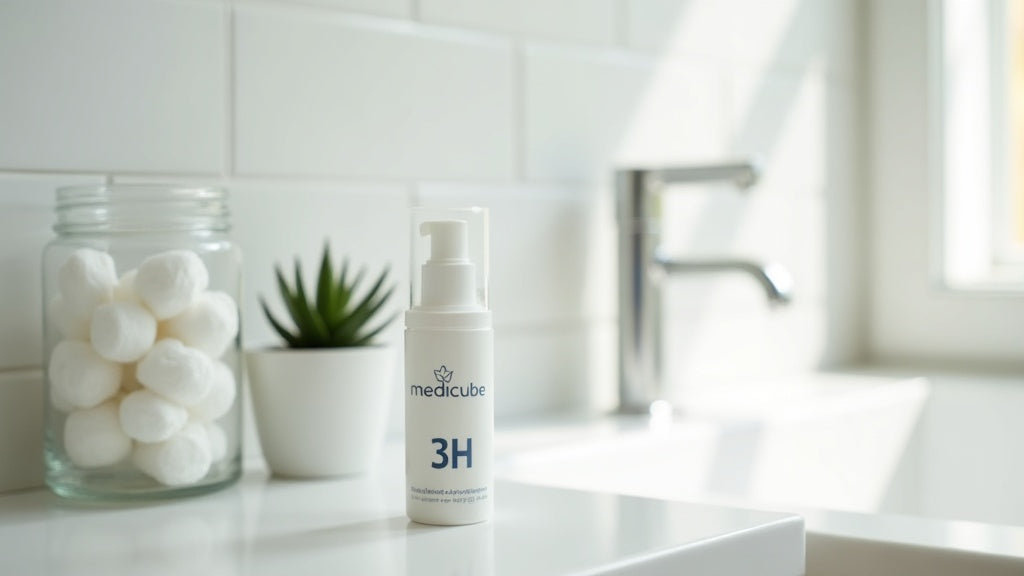 medicube spot care products on a bathroom counter with cotton pads and a succulent, UK beauty editorial style