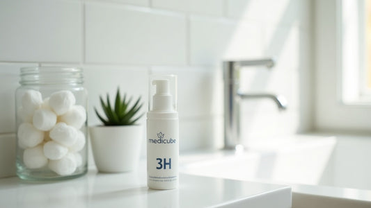 medicube spot care products on a bathroom counter with cotton pads and a succulent, UK beauty editorial style