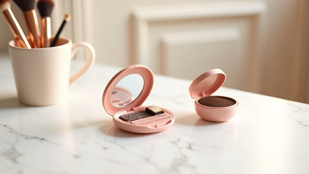 Eyebrow stamp UK kit on marble vanity with mirror and brushes