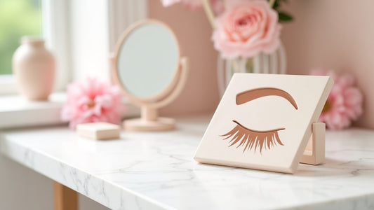 Eyebrow stamp stencil kit on a marble vanity with natural light, UK beauty editorial style