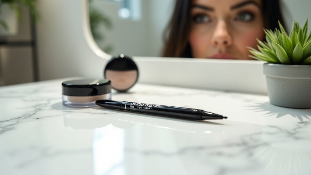 Long lasting eyeliner UK on marble vanity with setting powder
