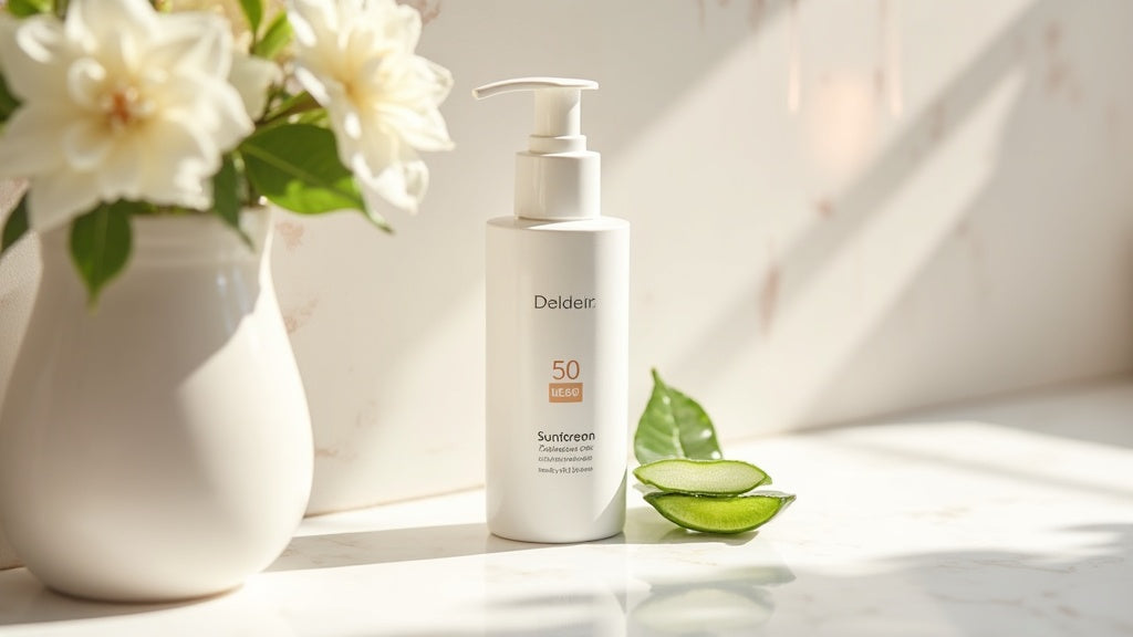 Sunscreen guide for beginners UK: SPF bottle on marble vanity with aloe vera and flowers