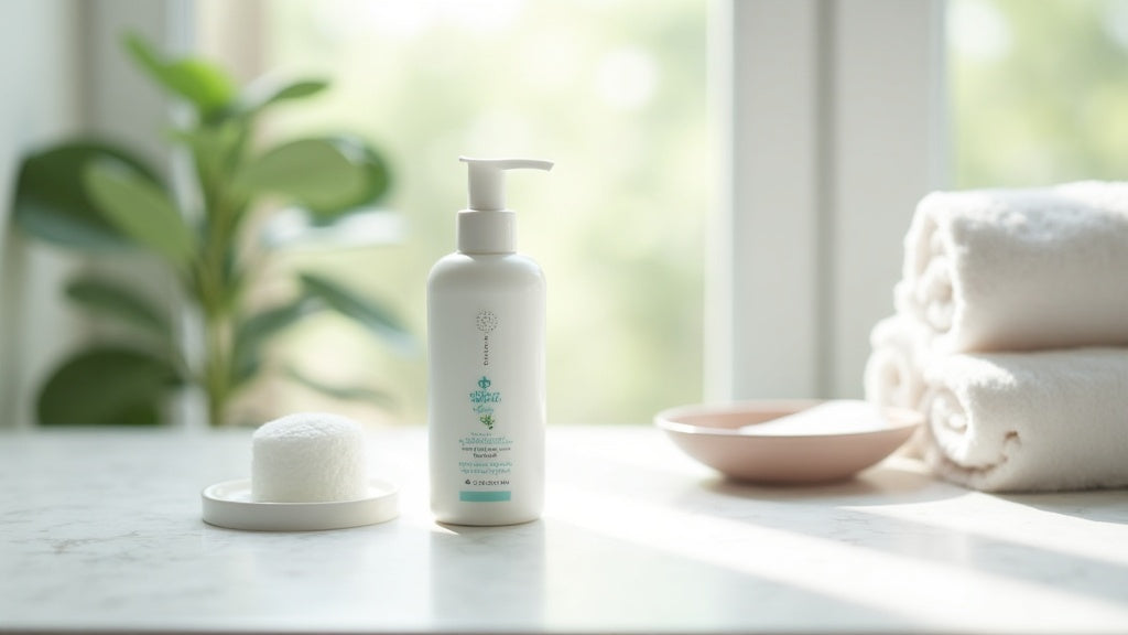 medicube drying lotion bottle on marble counter with cotton pad and eucalyptus leaves