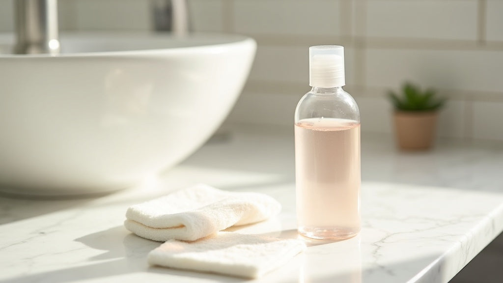 How to use facial toner UK - marble vanity with toner bottle and cotton pad