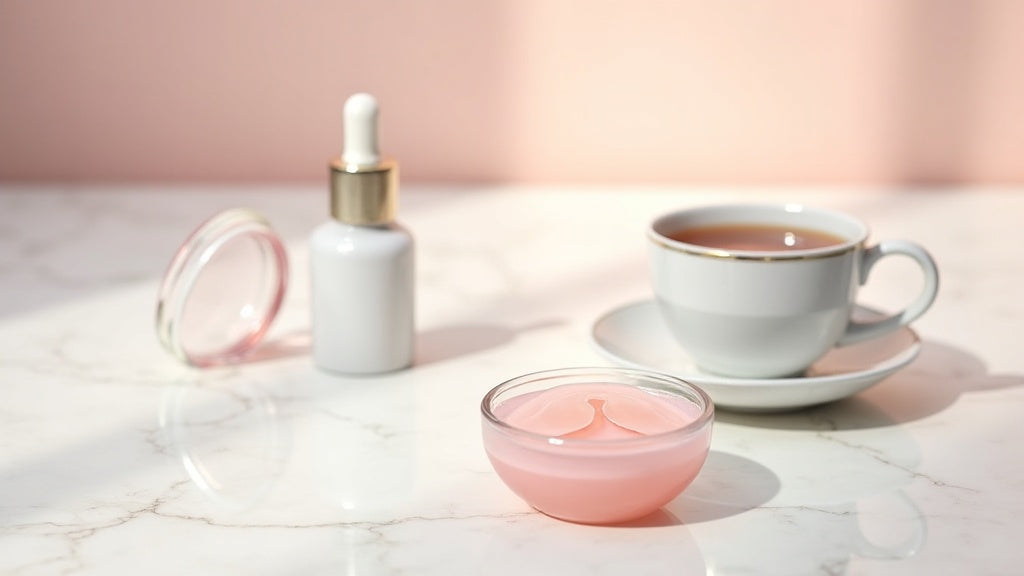 Collagen eye patches on marble surface with skincare products