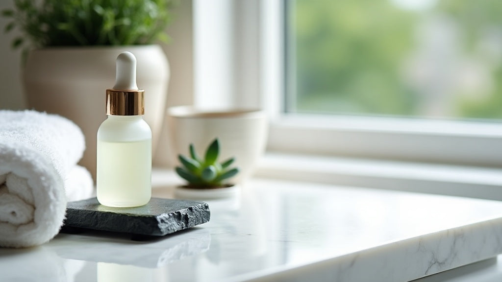 Hyaluronic acid serum UK bottle on marble vanity with morning light