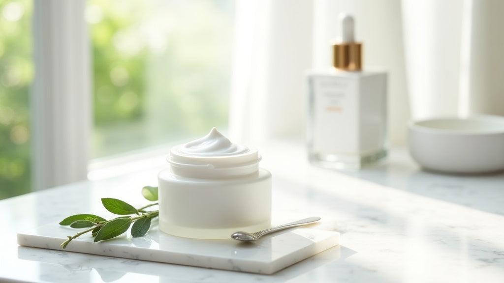 Lightweight face cream UK on a marble vanity with eucalyptus and hyaluronic acid serum