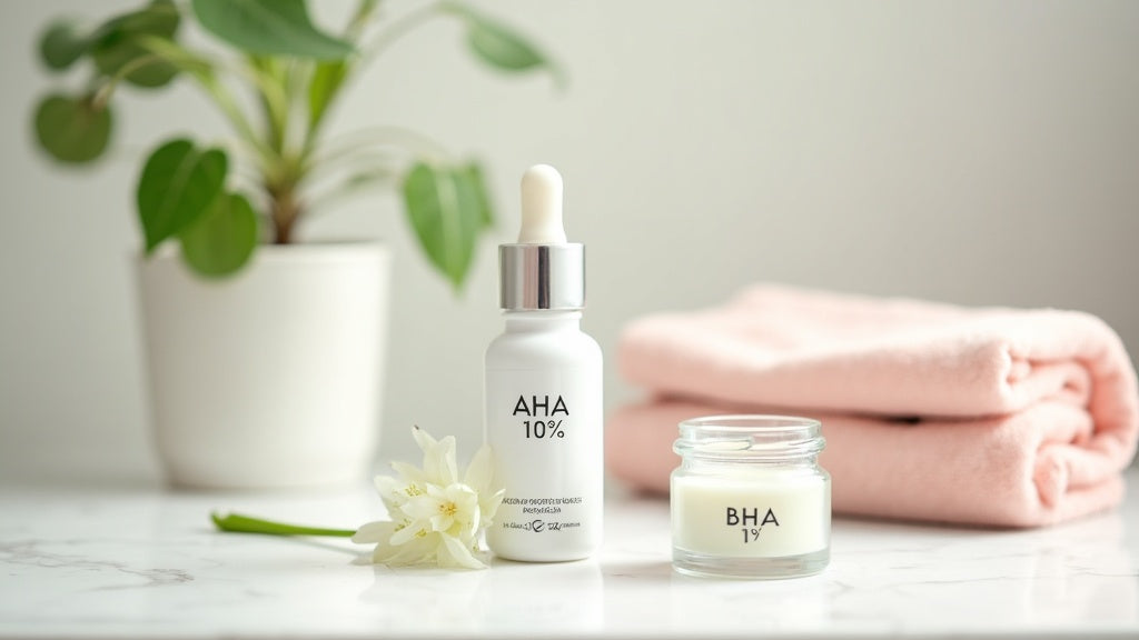 Chemical exfoliant UK products AHA and BHA on marble vanity with natural light