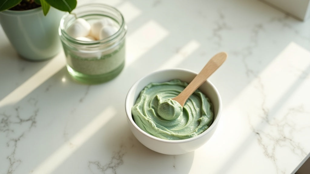 Clay mask for oily skin UK in a white bowl on marble surface with wooden spatula