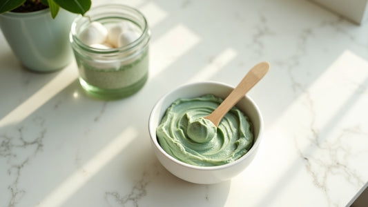 Clay mask for oily skin UK in a white bowl on marble surface with wooden spatula