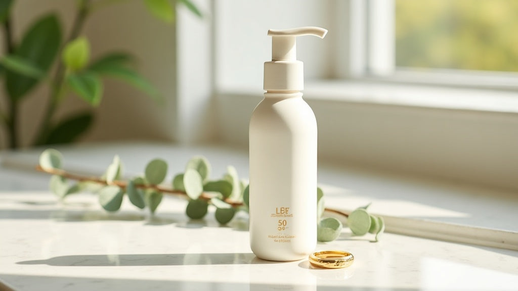 White SPF bottle on marble vanity with eucalyptus and ring – SPF for everyday use UK
