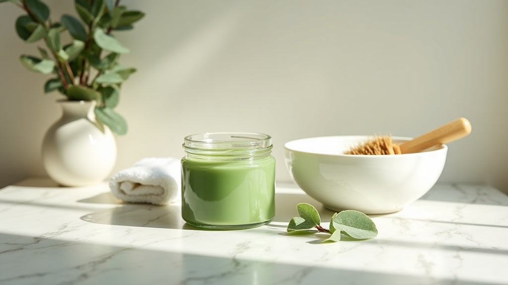 Deep conditioner UK in a glass jar on marble vanity with eucalyptus