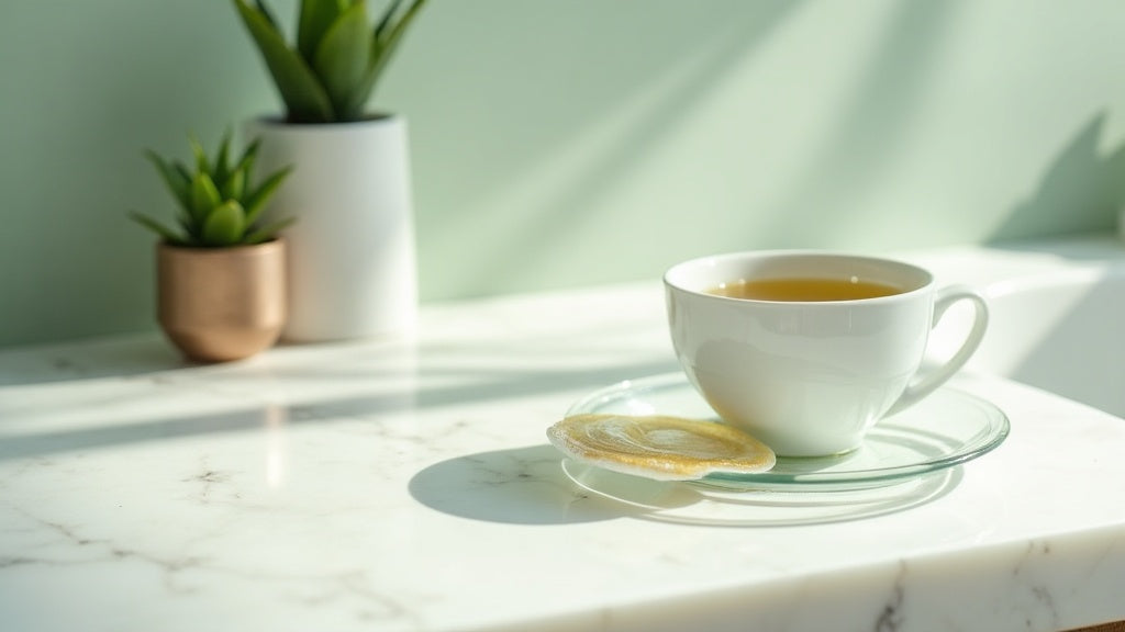 Hydrogel eye patch collagen uk on marble vanity with green tea and succulent