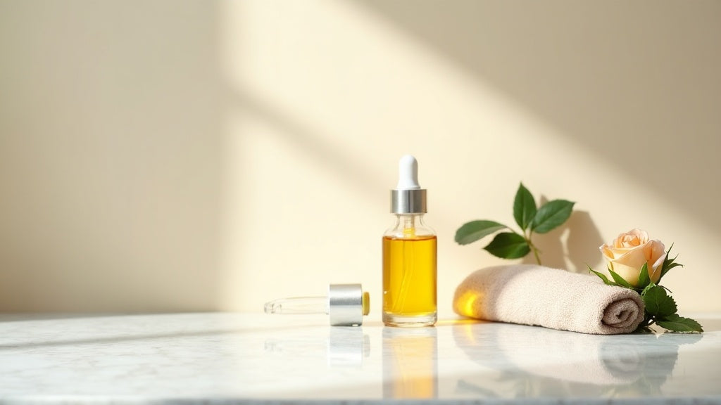 Anti-ageing serum UK on marble vanity with rose and plant